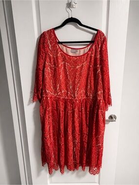 eShakti Red Lace Midi Dress 2X 22W Pockets Waist Tie Cocktail Wedding Guest